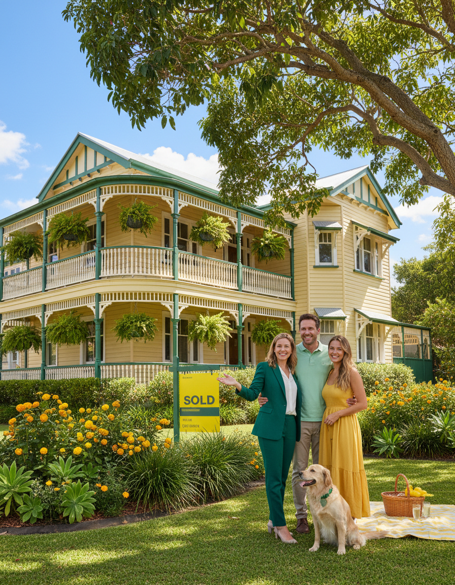 Firefly_Gemini Flash_Please create me an image of a mortgage broker and a happy couple in front of a beaut 958665