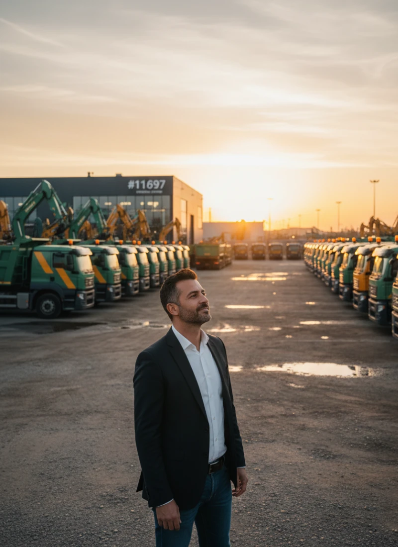 Truck hire business owner standing outside and looking across his fleet of trucks