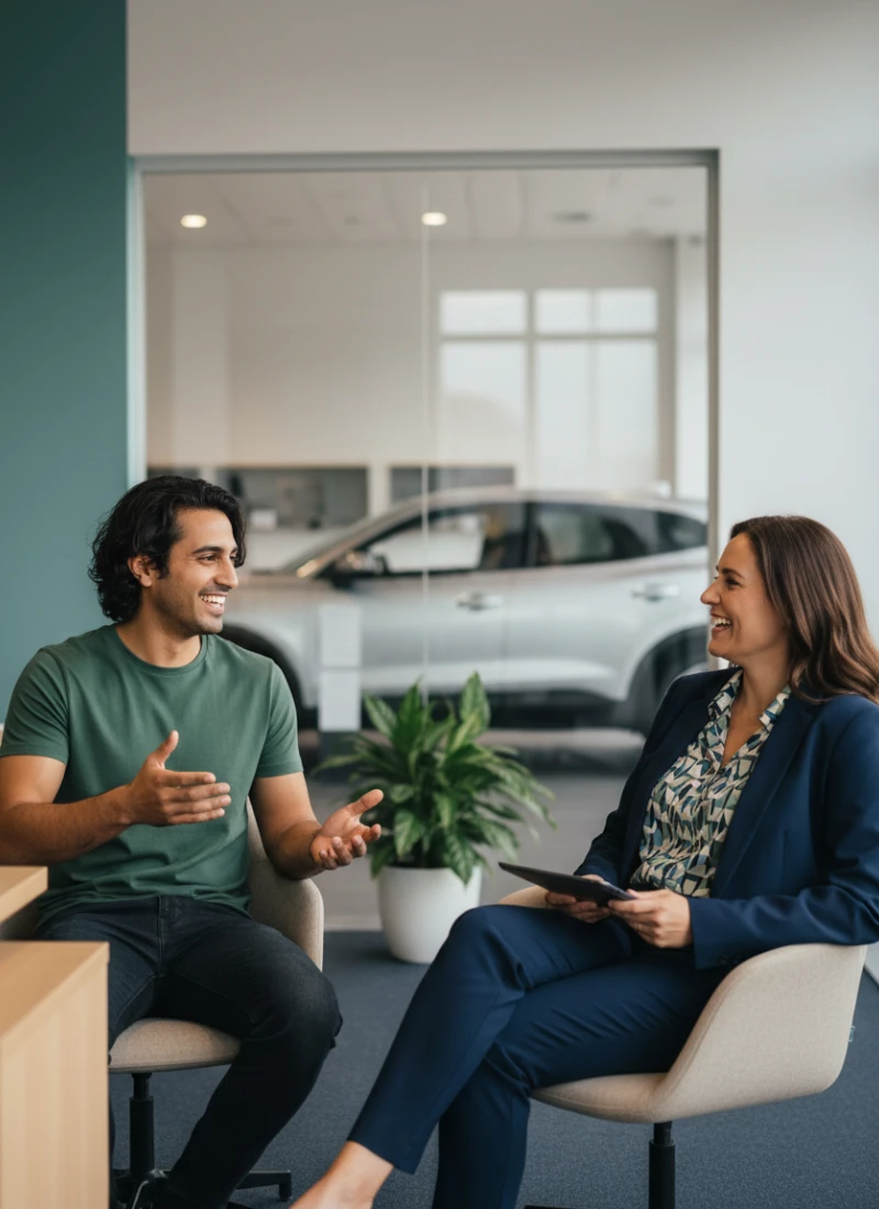 Female broker speaking with a car dealership owner about financing vehicles