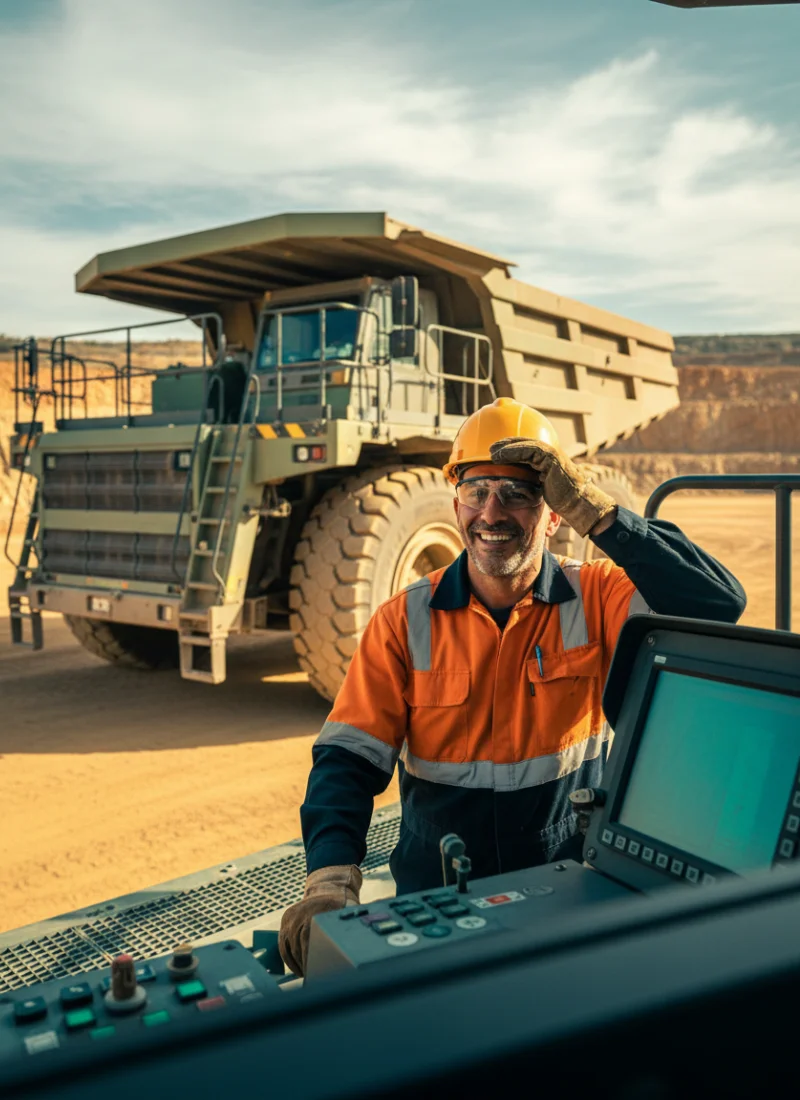 Heavy machinery worker leaning against equipment with a large excavator in the background