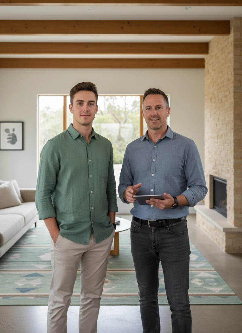 Finance broker standing with a young male client in a living room while reviewing information on a tablet