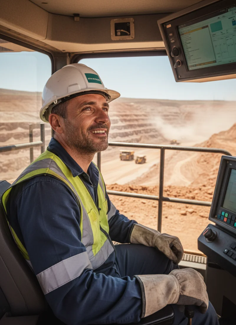 Machine operator sitting in the cab of heavy equipment at a mining site while taking a short break