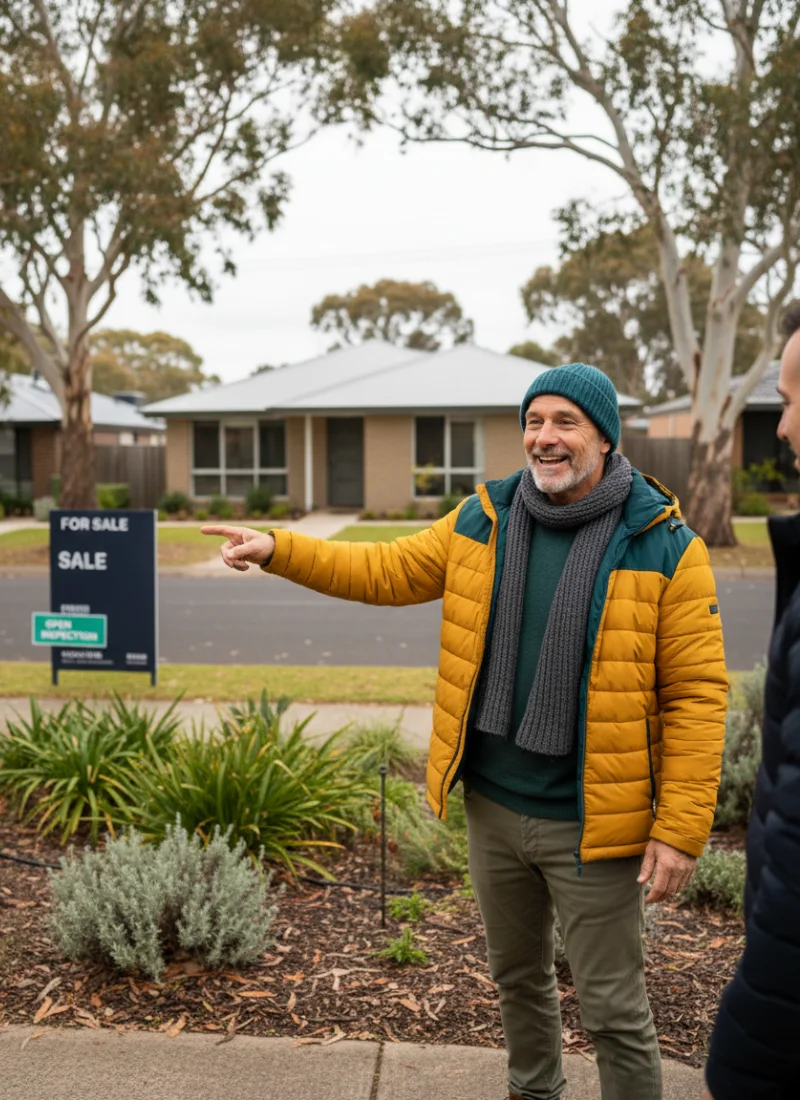 Man around 55 attending a property auction in Goulburn NSW during winter