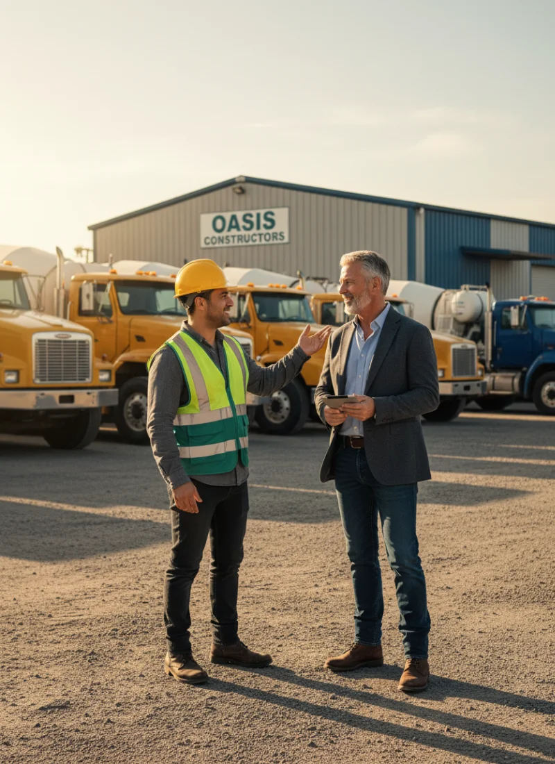 Broker and construction director standing in a yard while discussing finance options