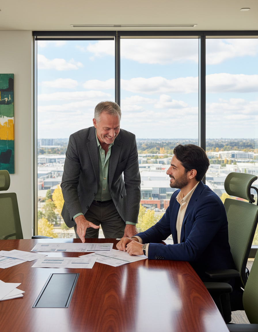 Broker and client meeting in a boardroom overlooking a business park in Adelaide