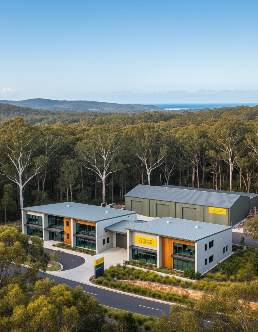 Drone view of a business park with warehouses in Byron Bay NSW