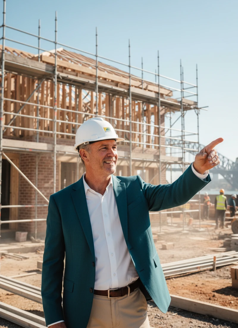 Construction manager on a Sydney building site pointing toward ongoing construction work