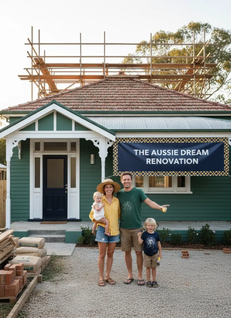 Family standing proudly in front of their nearly finisheed renoavted house after completing improvements