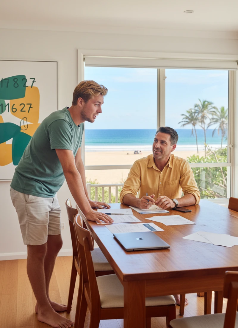 Father and son discussing plans while sitting at a dining table with a coastal view in the background