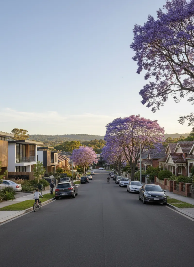 Quiet suburban street in regional NSW lined with jacaranda trees and family homes