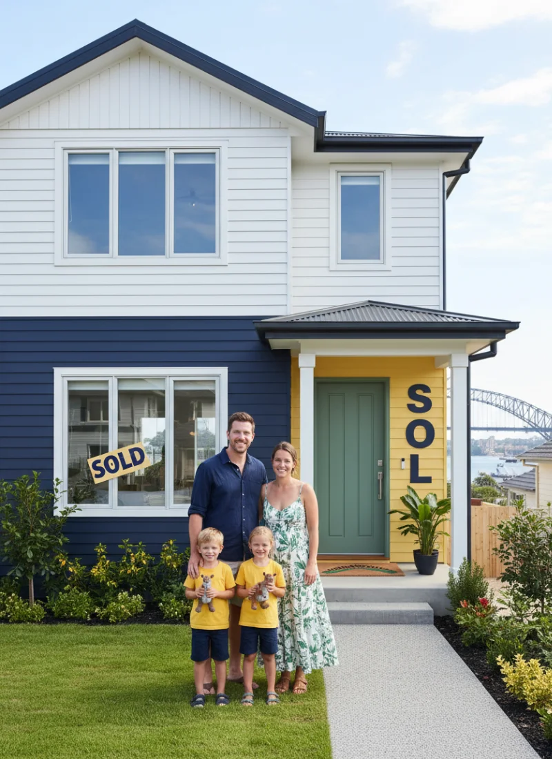 Family of four standing outside a blue and white house with a sold sign and Sydney Harbour Bridge in the background