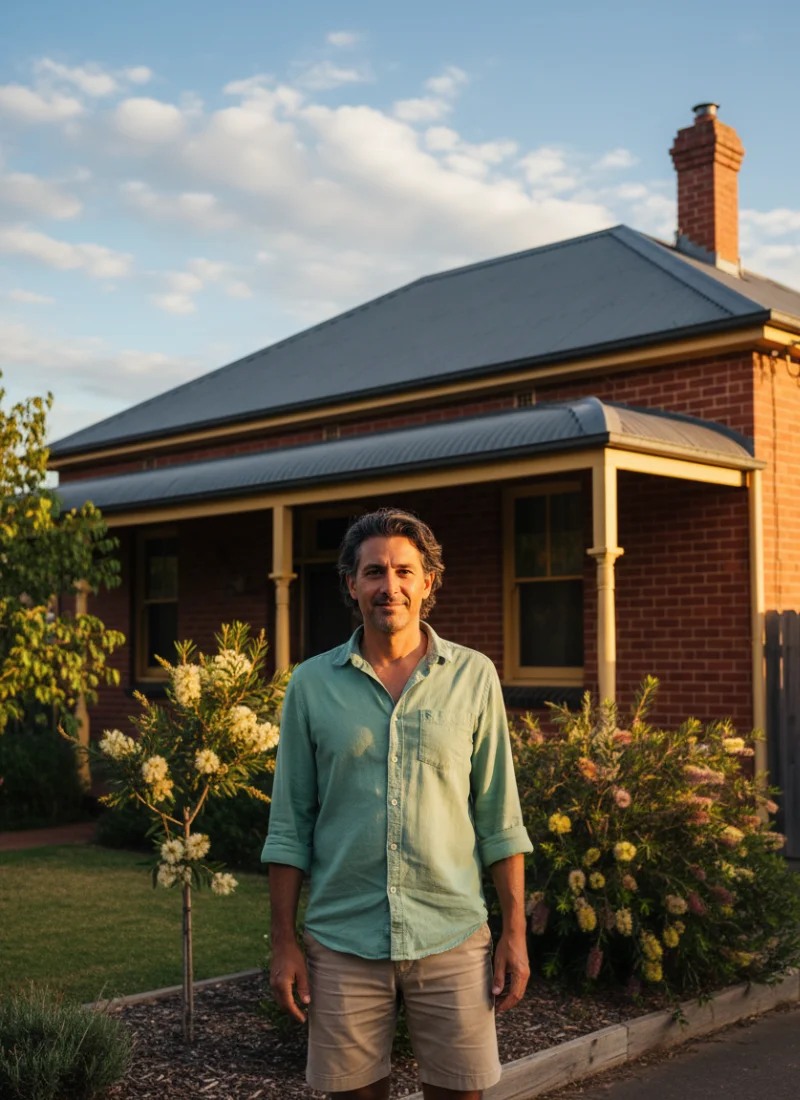 Middle-aged man standing in front of a red brick house in Western Sydney