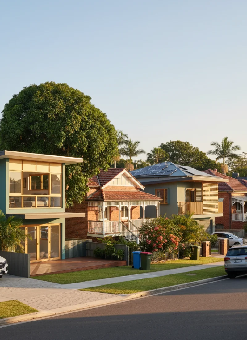 Mix of traditional and modern houses along a suburban street in Brisbane
