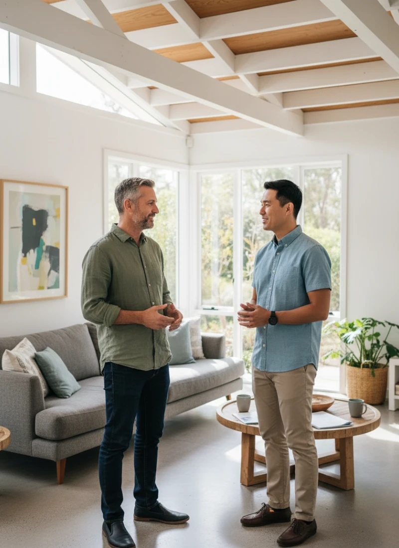 Man in his 40s speaking with a mortgage broker inside his home while discussing finance