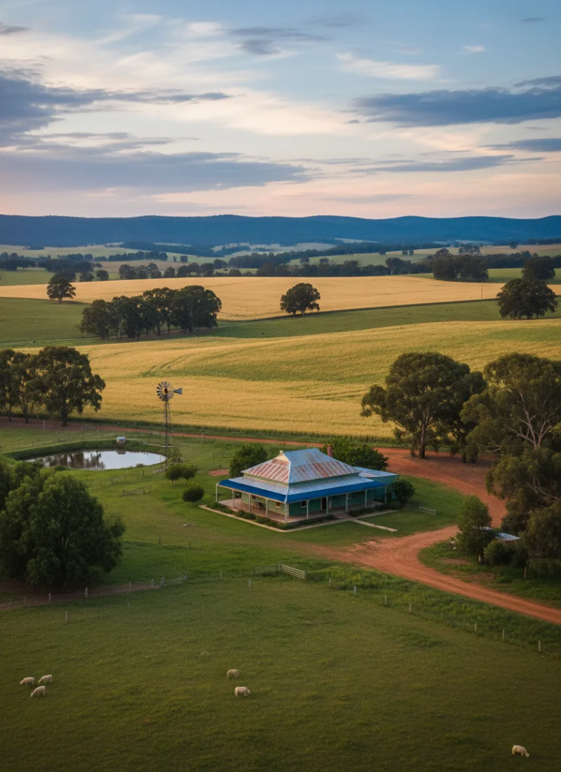 Drone view of a country house on farmland in regional Victoria