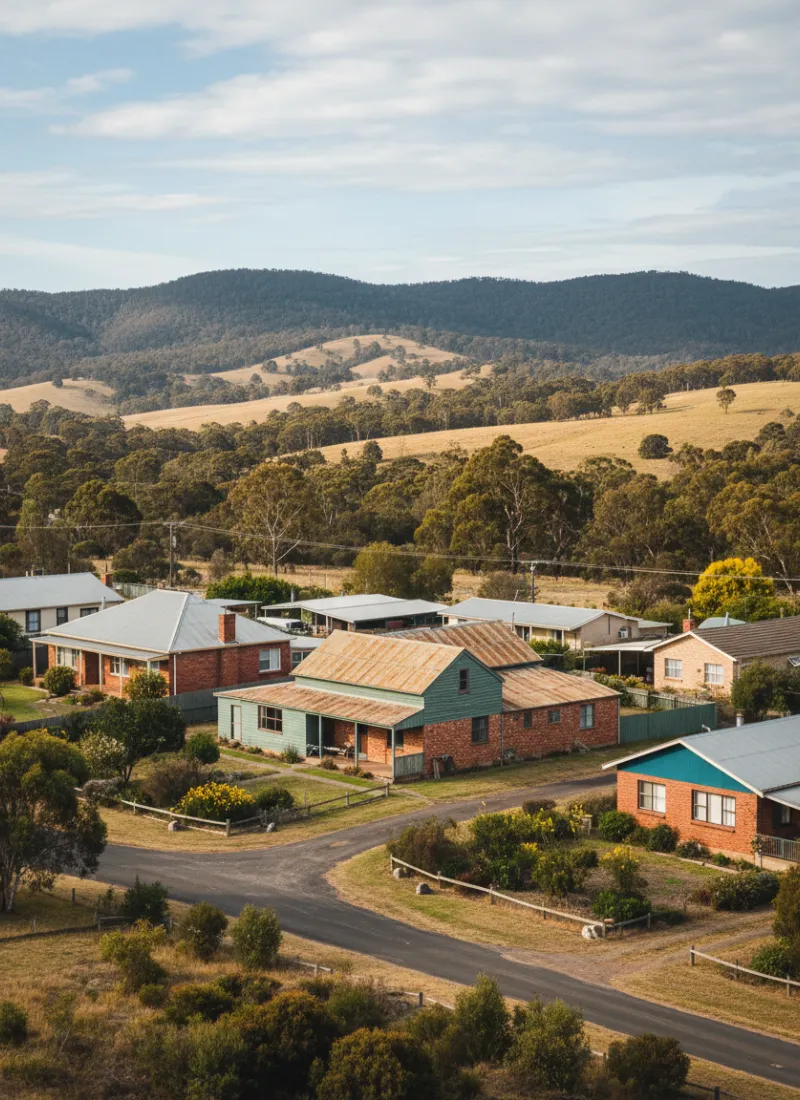 Drone view of houses in Lithgow New South Wales surrounded by suburban streets