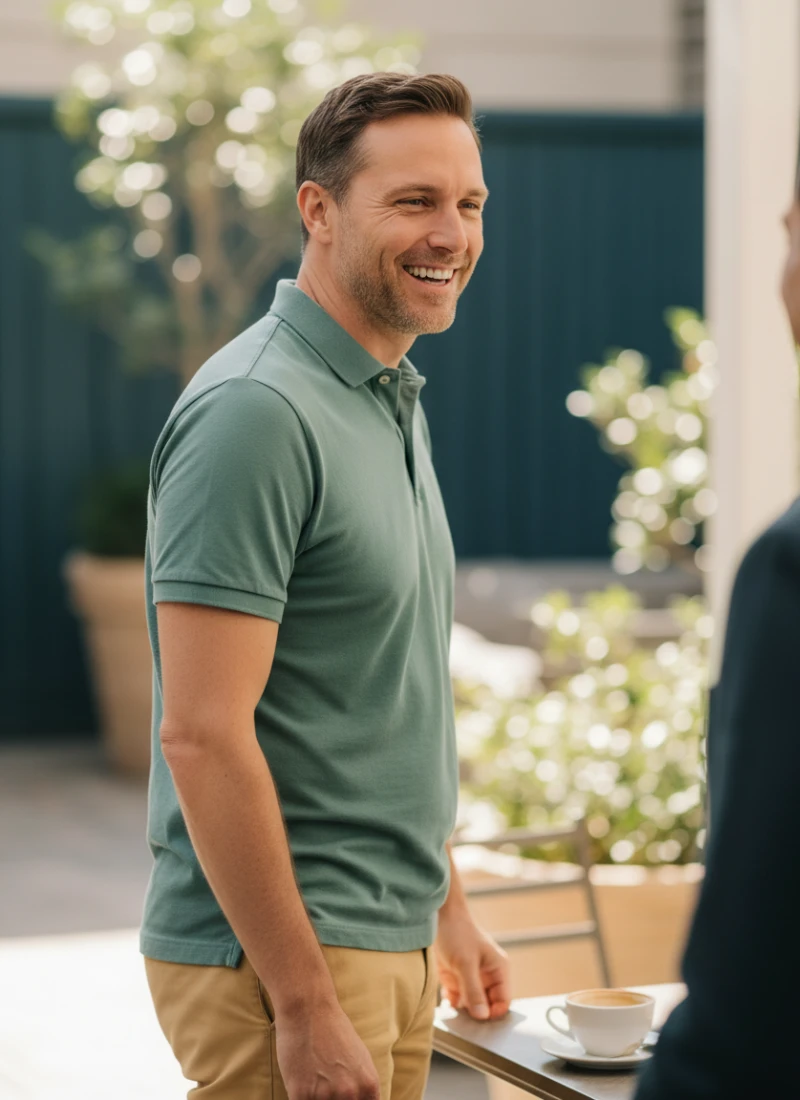 Young professional inside a home speaking happily with a mortgage broker