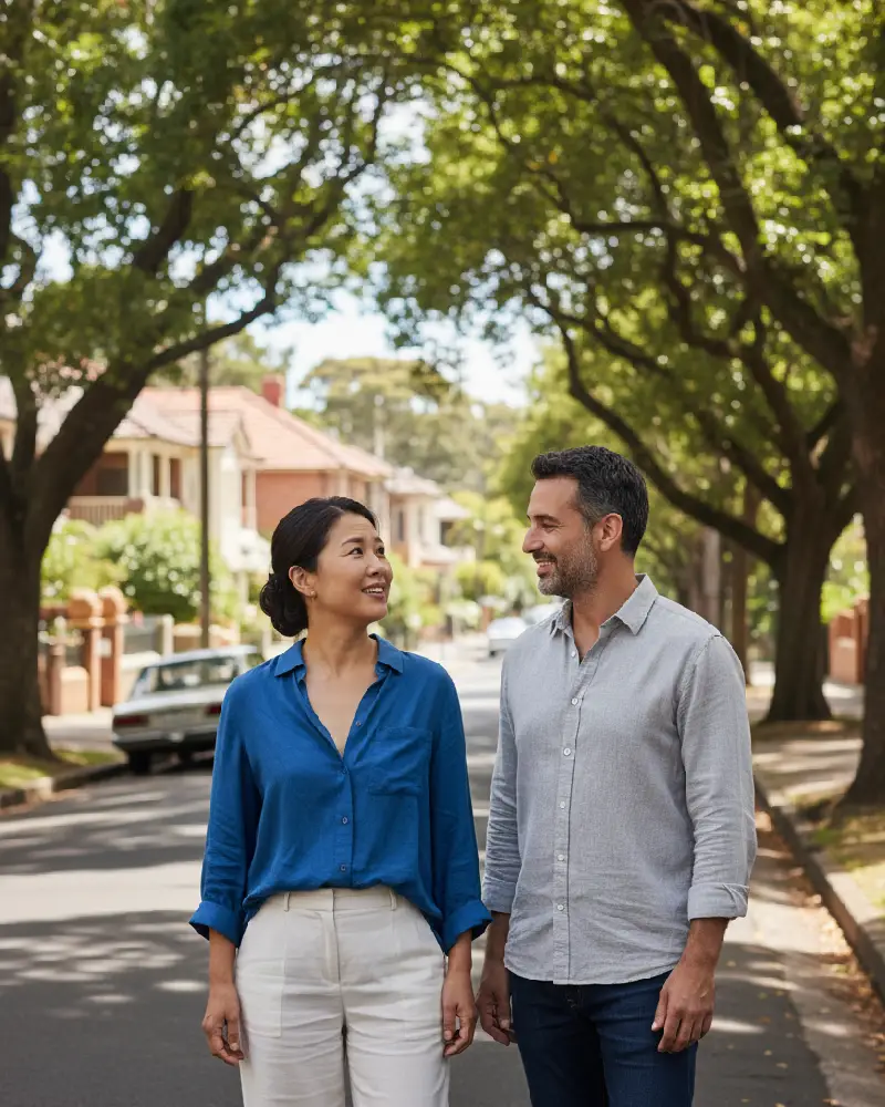 Casually dressed couple standing in a leafy Inner West Sydney street looking relieved while discussing financial decisions