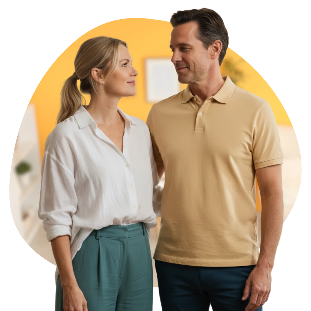 Husband and wife standing together looking relieved after securing finance for their home purchase