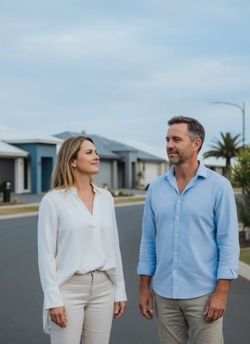 Middle-aged couple standing in a suburban street in Mandurah Perth looking relieved while discussing property decisions