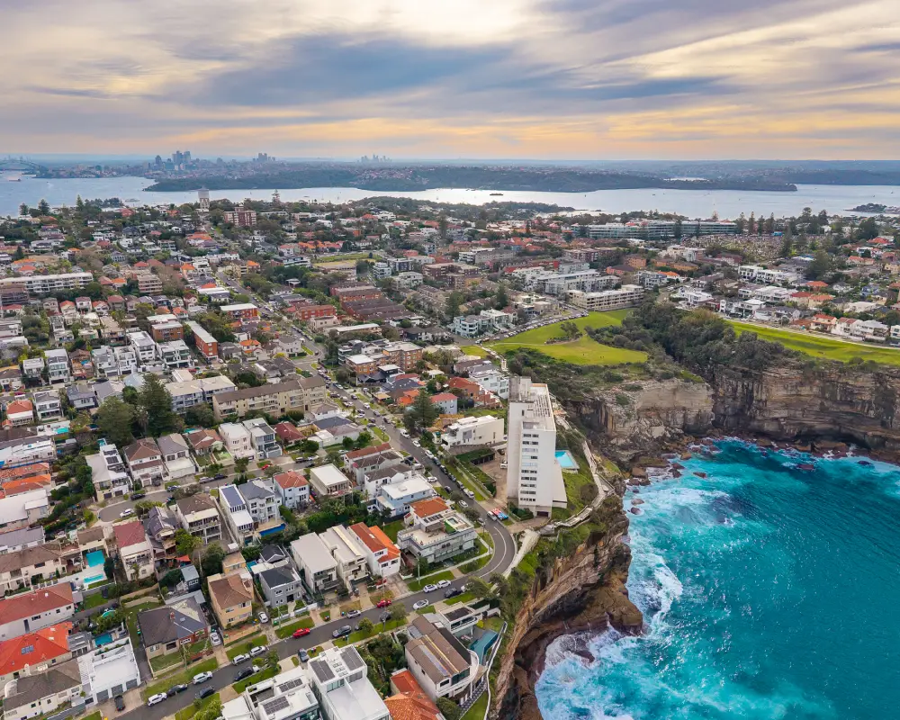 Aerial view of the Vaucluse coastline and ocean cliffs in Sydney’s eastern suburbs, New South Wales, Australia